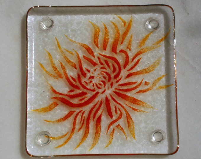 Fused glass coasters. 'Chrysanthemum'  Flame red and orange flowers on a clear base. Floral coasters. Choose 2 or 4.