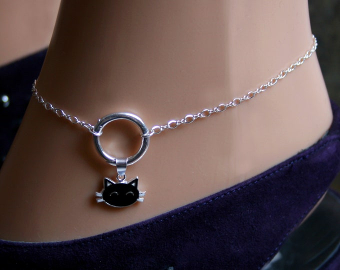 Sir's Kitten. PERMANENTLY LOCKING Black Cat 'O' Infinity/Eternity ring Slave Ankle Infinity Chain Bracelet Sterling silver BDSM Anklet