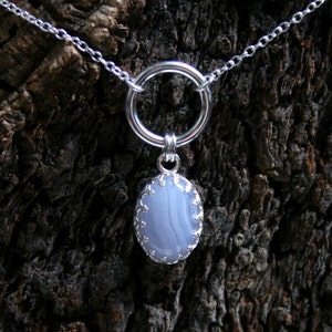 Discrete, O Ring Day Collar / Slave Necklace. Principessa blue lace agate dropper. Sterling silver Story of &#39;O&#39; collar. Choker or necklace.
