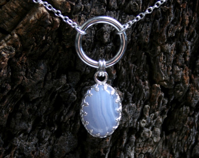 Discrete, O Ring Day Collar / Slave Necklace. Principessa blue lace agate dropper. Sterling silver Story of 'O' collar. Choker or necklace.