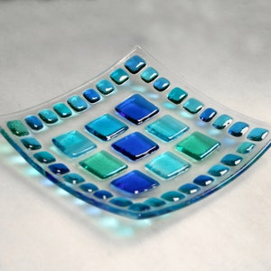 Summer Seas D2, mosaic series, fused glass soap / trinket / sushi / chocolates dish in a range of blues. Bathroom / Kitchen / Bedroom image 3