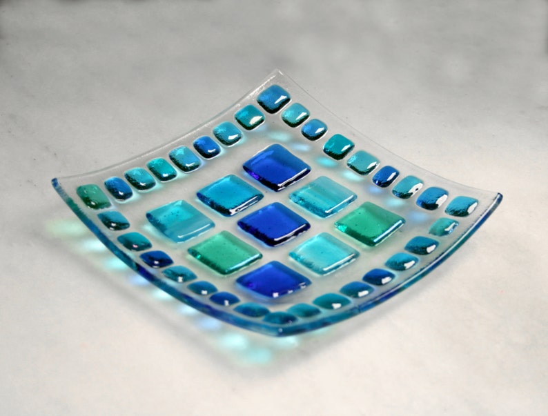 Summer Seas D2, mosaic series, fused glass soap / trinket / sushi / chocolates dish in a range of blues. Bathroom / Kitchen / Bedroom image 3