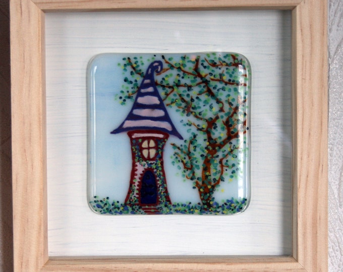 Fae Cottage - Framed Kiln Fused art glass painting. Fairy House in the woods. Natural wood frame. Glass wall art. 19 x 19cm (7.5 x 7.5")