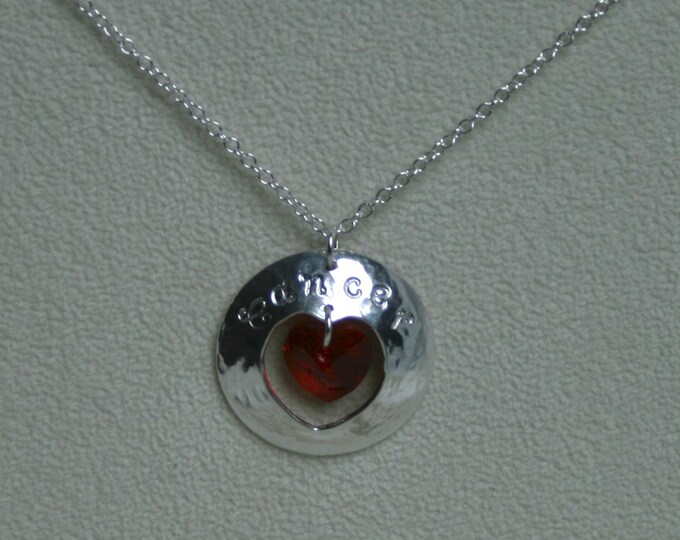 Handmade 'Birthday' pendant. July, Ruby, Birthstone, Birth sign, Zodiac, Cancer. Silver & Swarovski crystal heart pendant.