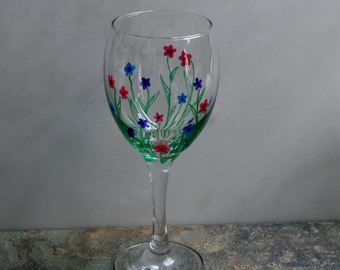 Flower Garden. An exclusive design - hand painted wine glasses. Purple/Pink/Blue/choose color(s) Custom options/personalization available