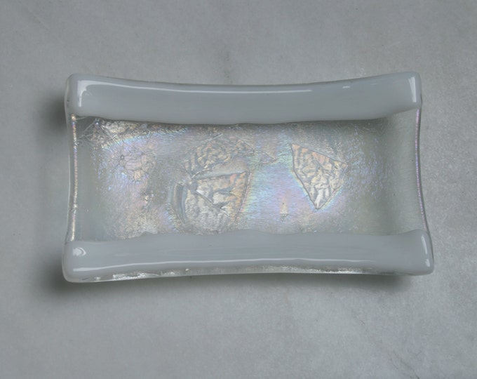 Frozen River - A hand made fused glass soap / trinket / small sushi dish with white edges upon an iridescent clear base. Bathroom / Kitchen