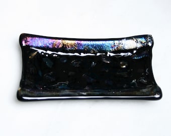 Midnight River - A hand made fused glass soap / trinket / small sushi dish with iridescent accents on a black base. Bathroom/Kitchen/Bedroom