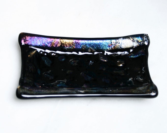 Midnight River - A hand made fused glass soap / trinket / small sushi dish with iridescent accents on a black base. Bathroom/Kitchen/Bedroom