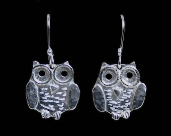Handmade 'Owlet collection' 'Baby Owl' Earrings. Cute engraved 3D baby owls in Eco friendly recycled Sterling Silver on fish hook ear wires.