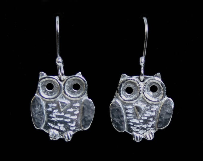 Handmade 'Owlet collection' 'Baby Owl' Earrings. Cute engraved 3D baby owls in Eco friendly recycled Sterling Silver on fish hook ear wires.