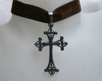 Handcrafted 'Ornamental Cross' Choker. Large Pewter Cross set on a Wine, Black, Green, Purple, Brown, White or Ivory velvet ribbon.