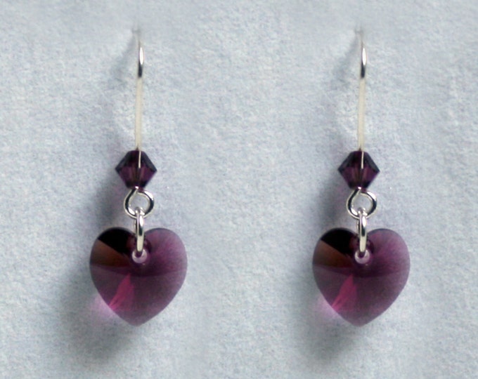 Handmade 'Birthday' earrings. February, Amethyst Birthstone, Birth sign, Zodiac, Aquarius Sterling silver & Swarovski crystal heart earrings