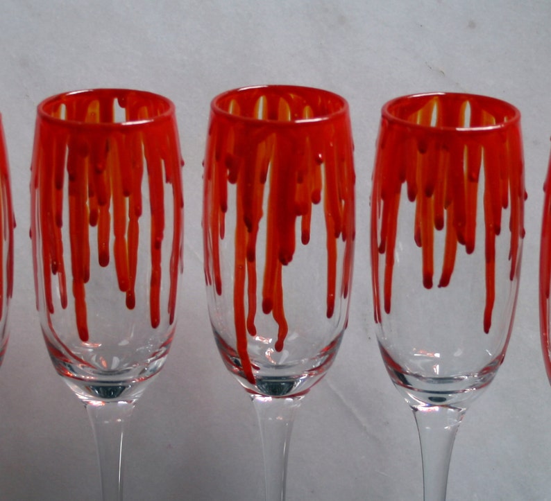 Dripping Blood An exclusive design, hand painted, Champagne glass featuring 'blood' dripping down the sides Horror/ Zombie/ Vampire/ Gore image 1