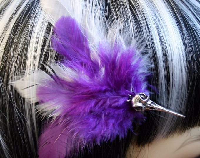 Exclusive 'Baby Bird Skull' Hair grip / fascinator with Purple and white feathers.