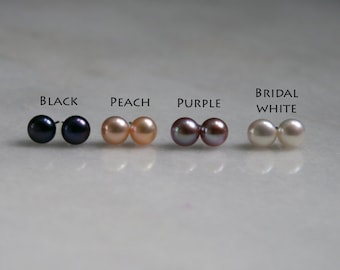 Freshwater Pearl stud earrings. Simple & Elegant. Choose Black, Peach, Bridal white or Purple pearls. Sterling silver, 9ct or 18ct Gold.
