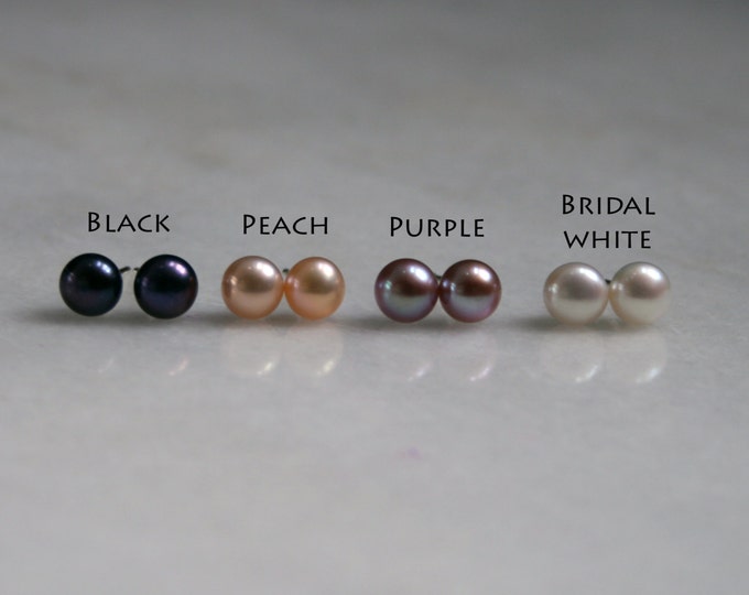 Freshwater Pearl stud earrings. Simple & Elegant. Choose Black, Peach, Bridal white or Purple pearls. Sterling silver, 9ct or 18ct Gold.