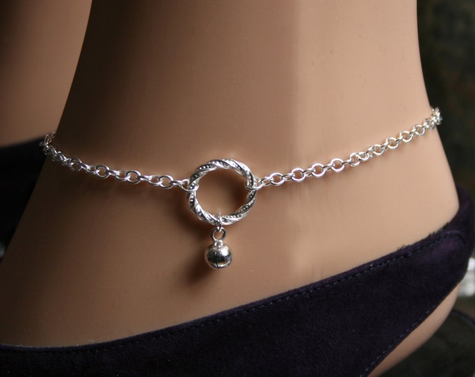 Slave bell. Fancy 'O' ring Slave Ankle Chain Bracelet. BDSM Anklet. Sterling silver. Tiny bell. Little bell. Infinity/Eternity/Captive ring.