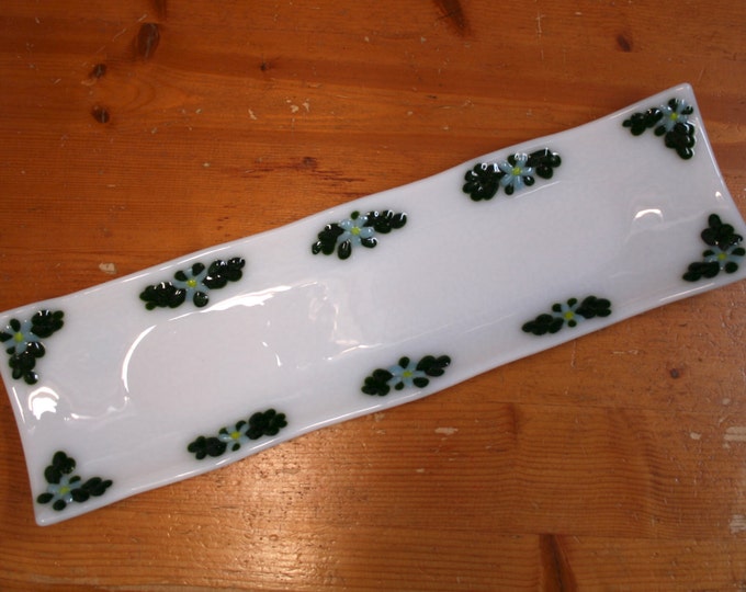 Fused glass long trinket / sushi / serving / baguette dish 'Flora XF Baby Blue' Raised blue flowers and sparkly green leaves on a white base