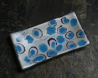 Urchin ~  Fused glass soap / trinket / mini sushi / chocolates dish. Turquoise, mauve and satin shimmer silvery white.