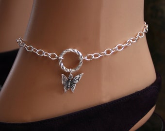 Butterfly dropper FANCY 'O' ring Slave Ankle Chain Bracelet. BDSM Anklet. Sterling silver. Infinity / Eternity / Story of 'O' / Captive ring