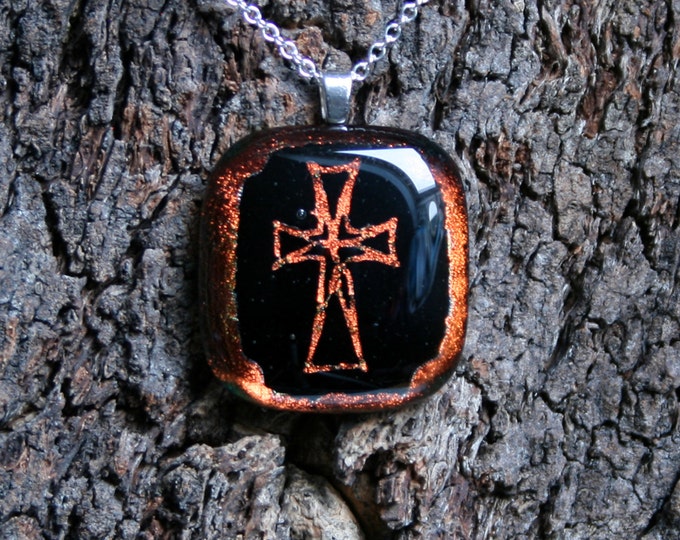 Handmade Unique Dichroic Fused Glass Pendant 'Orange Cross' On a Sterling Silver 925 bail. (choose sterling silver or silver plated chain)