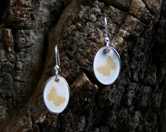 Artisan Keum Boo earrings 'Gold butterfly' Traditionally hand made with a satin shimmer finish. Sterling Silver & 24k gold. Fish hook wires.