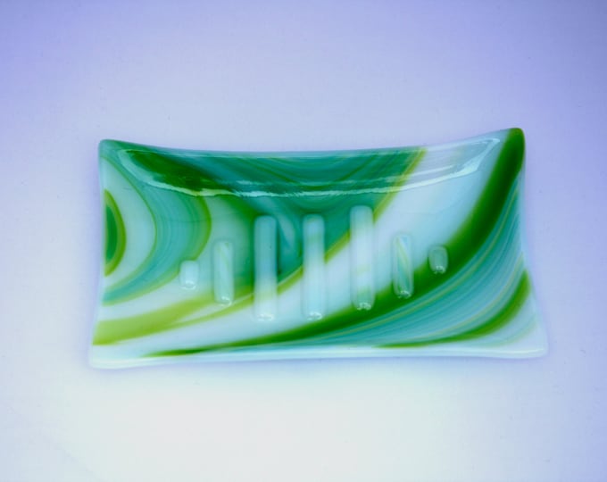 Forest Swirl (D#2) - A unique, hand made fused glass soap dish in swirling green hues.