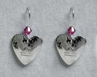 Handmade 'Birthday' earrings. October, Tourmaline, Birthstone, Birth sign, Zodiac, Libra. Sterling silver & Swarovski crystal heart earrings