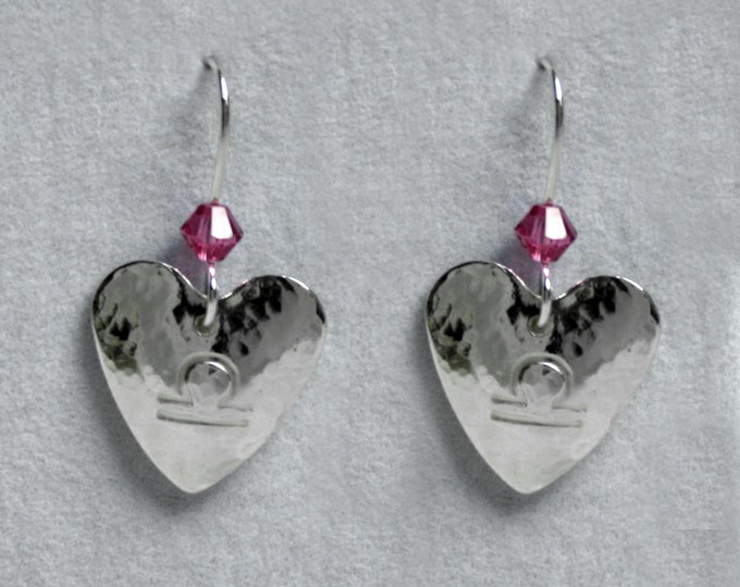 Handmade 'Birthday' earrings. October, Tourmaline, Birthstone, Birth sign, Zodiac, Libra. Sterling silver & Swarovski crystal heart earrings
