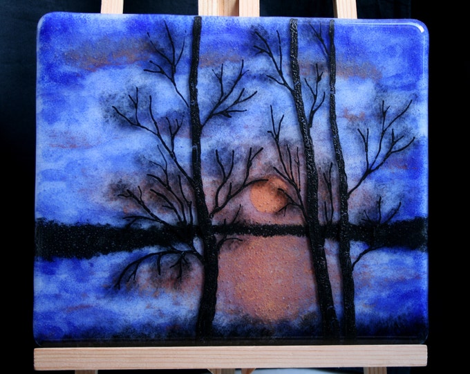 Midsummer's night - Hand painted Kiln Fused art glass 3D painting. Glass art / panel.  One of a kind painted glass panel. Blue & red sunset.