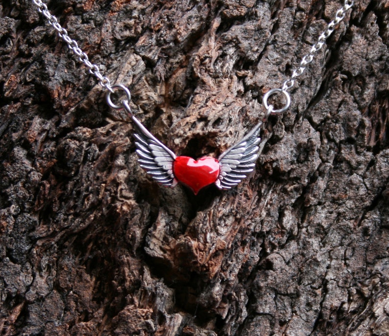 The wings of Love Winged Heart Sterling silver necklace. Enameled red heart with wings. Biker. Romantic. Valentines. Lover. Gift for her image 1