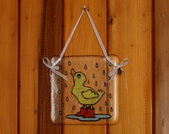 Hand painted, fused glass hanging ornament. 'It's Raining!' Cute duckling in wellies in the rain 10x10cm / 4x4 inches plus hanging ribbon