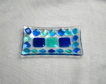 Summer Seas (D3), mosaic series, fused glass soap / trinket / sushi / chocolates dish in a range of blues. Bathroom / Kitchen / Bedroom