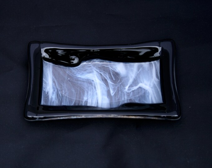 Midnight Whisper, a hand made fused glass soap / trinket / sushi dish in Black set on a wispy clear & white base. Bathroom/ Kitchen/ Bedroom