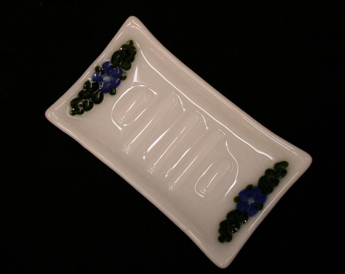 Fused glass soap dish 'Flora in Dark Blue' - Unique, hand made featuring raised blue flowers and sparkly green leaves on a white ribbed base