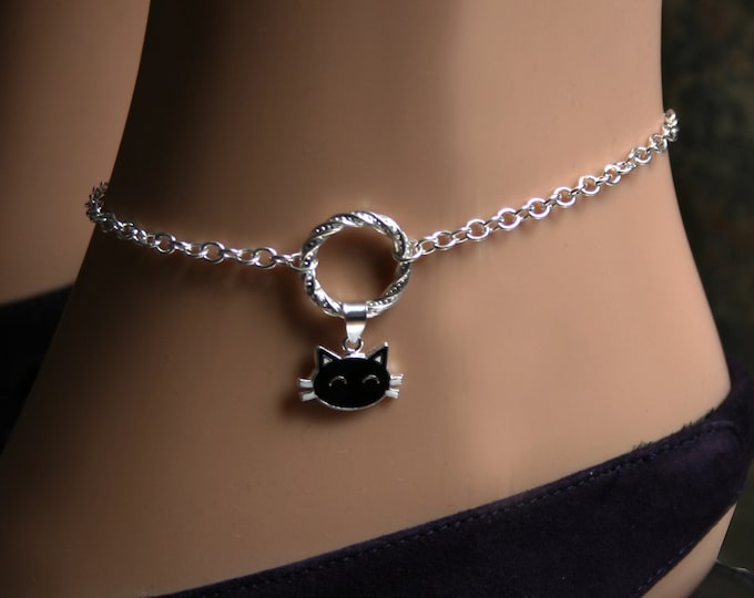 Sir's Kitten. PERMANENTLY LOCKING Black Cat Fancy 'O' ring Slave Ankle Chain Bracelet. Sterling silver BDSM Anklet. Infinity / Eternity ring