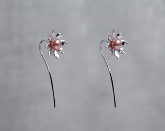 Handmade 'Ma Petite Fleur' earrings. Traditionally hand made sterling silver flower earrings with pink pearls, stud style with stem