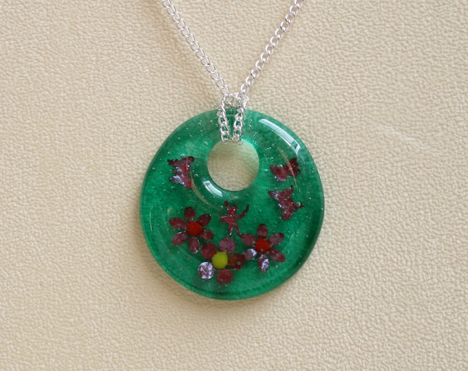 Fused glass 'Blossom' pendant. Pure copper flowers & butterflies in a green glass pendant. (choose sterling silver or silver plated chain)