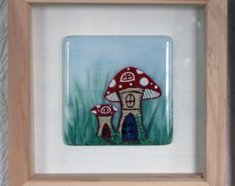 Shroom House - Framed Kiln Fused art glass painting. Fairy Toadstool House. Natural wood frame. Glass wall art. 19 x 19cm (7.5 x 7.5")