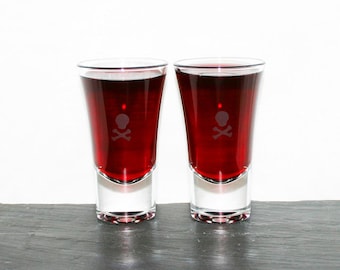 Death Shot - Pair of hand etched shot glasses featuring a skull and crossbone design.