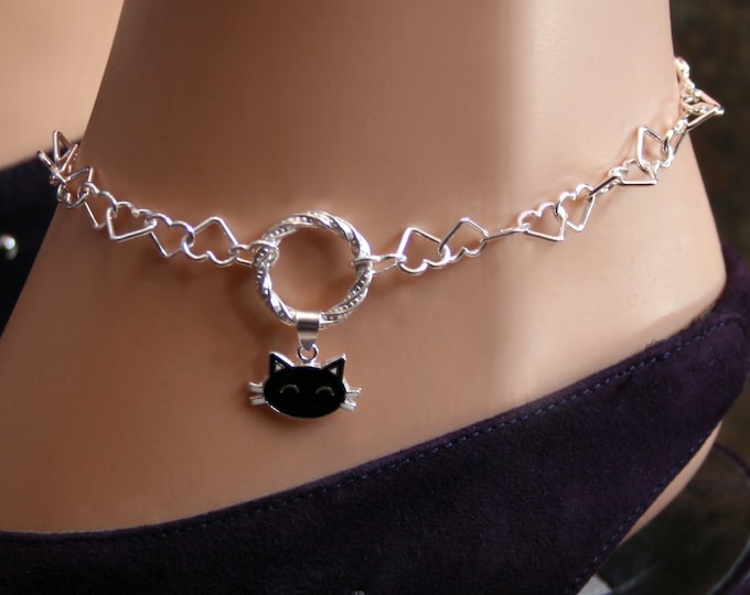 Sir's Kitten. PERMANENTLY LOCKING Black Cat Fancy O ring Slave Ankle Chain Bracelet. BDSM Anklet. Sterling silver Heart links. Infinity ring