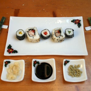 Fused glass Sushi set &#39;Flora in Red&#39; 6 or 8 piece large serving set (2 or 4 person set) With red flowers & green leaves set on white.