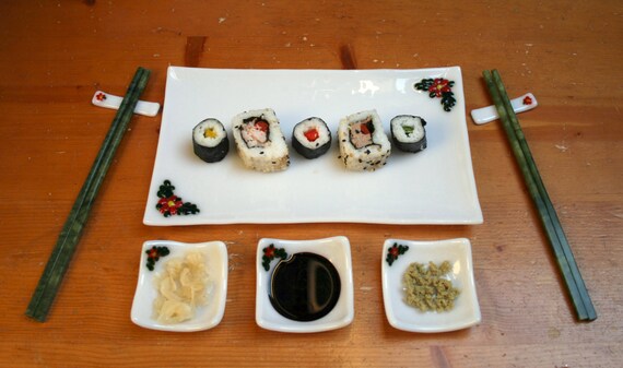 Fused Glass Sushi Set 'flora in Red' 6 or 8 Piece Large Serving