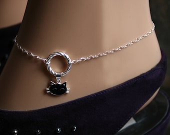 Sir's Kitten. PERMANENTLY LOCKING Black Cat Fancy 'O' Infinity/Eternity ring Slave Ankle Infinity Chain Bracelet Sterling silver BDSM Anklet