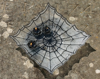 Gothic 'Wicked Webs' Spiderweb / Cobweb floating candle / fruit bowl / centerpiece. Black web set on a base of 3mm etched clear glass.