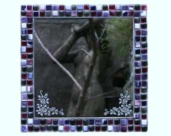 Purple Rose, mosaic series, fused glass mirror etched with roses and framed in a range of purples and deep pinks.