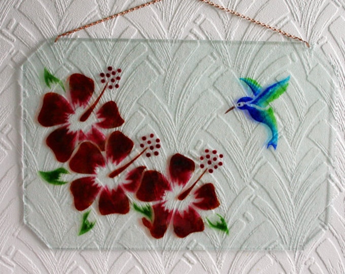 Ruby Hibiscus Trio - One-of-a-kind kiln fused art glass wall panel / suncatcher / window panel. 3 Ruby red Hibiscus blossoms & a hummingbird