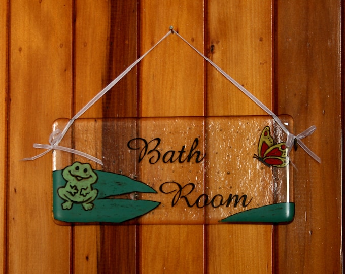 Bath Room, door plaque/  wall hanger/ sign. Cute, hand painted, fused glass - can be personalized to your colour scheme or other rooms etc
