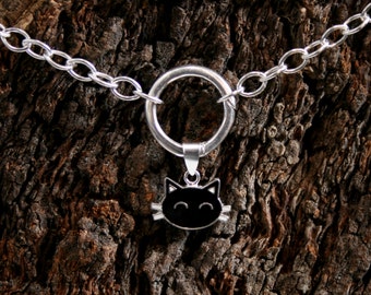 Sir's Kitten. Black Cat discrete O ring Sterling silver Day Collar / Slave Necklace. Infinity / Eternity ring. Wear as a choker or necklace.