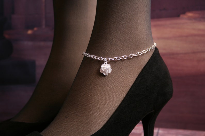Camellia. PERMANENTLY LOCKING Slave Ankle Chain Bracelet. BDSM Anklet. Sterling silver. Layered floral ankle chain. Pretty flower image 2